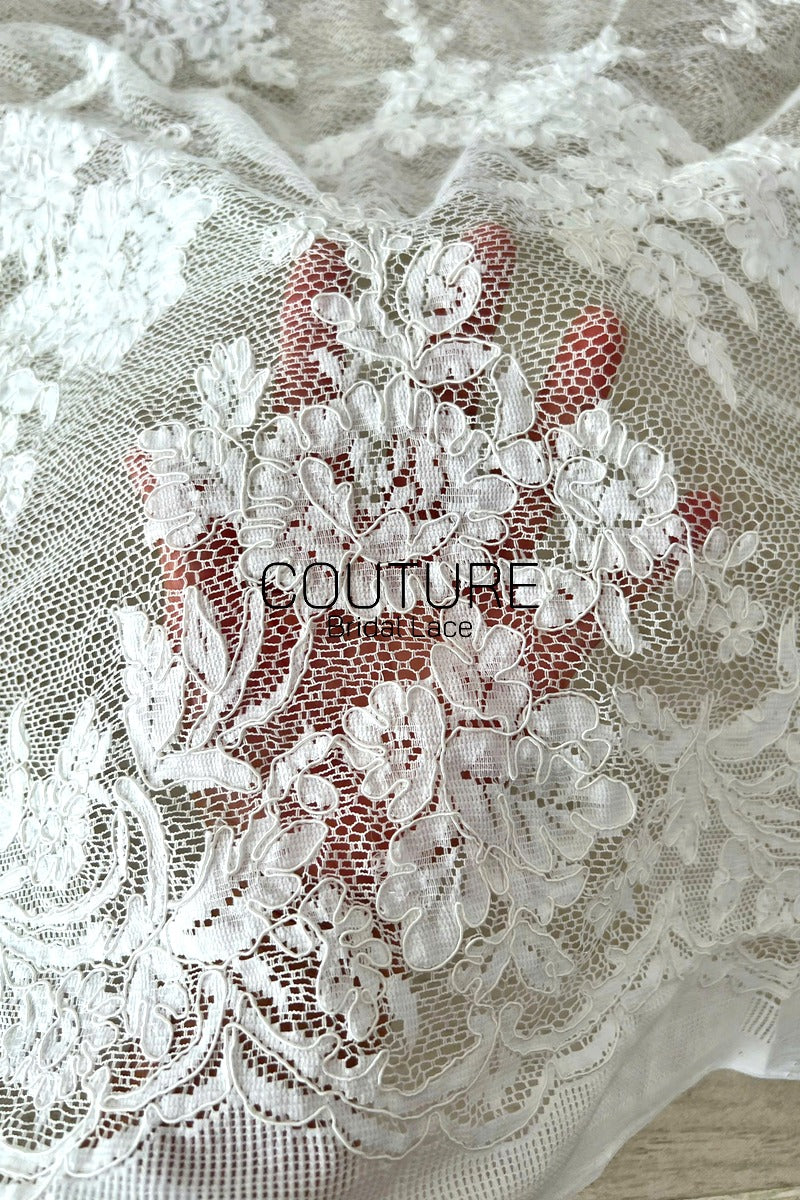 Corded Chantilly French Lace: White Scattered Floral Clusters with Scrolling Volute Scalloped Border, 1 Meter