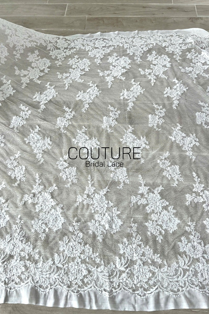 French Lace: White Cascading Floral Clusters with Scalloped Floral Embroidered Lace Edge, 1 Meter