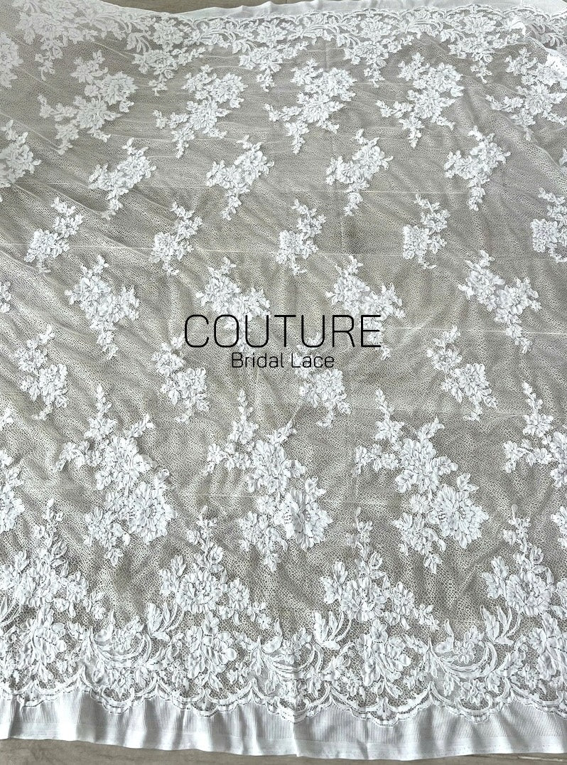French Lace: White Cascading Floral Clusters with Scalloped Floral Embroidered Lace Edge, 1 Meter