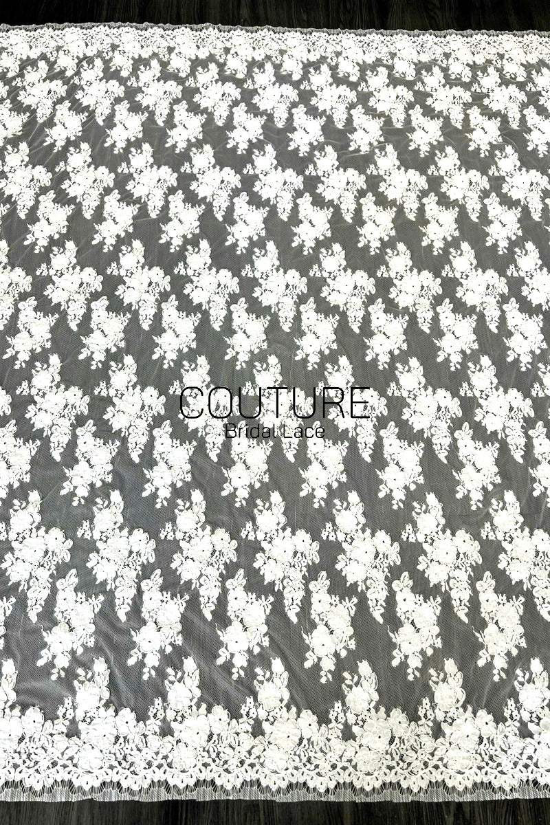 Corded Chantilly French Lace: White Dense Cascading Floral Columns with Loop Scalloped Border, 3 Meters