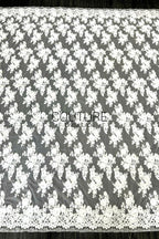 Corded Chantilly French Lace: White Diagonal Floral Sprays with Scrolling Vine Scalloped Border, 3 Meters
