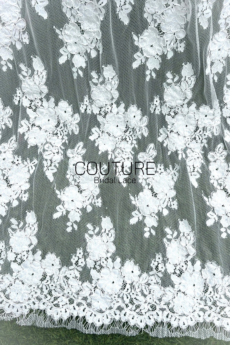 Corded Chantilly French Lace: White Dense Cascading Floral Columns with Loop Scalloped Border, 3 Meters
