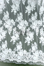 Corded Chantilly French Lace: White Diagonal Floral Sprays with Scrolling Vine Scalloped Border, 3 Meters