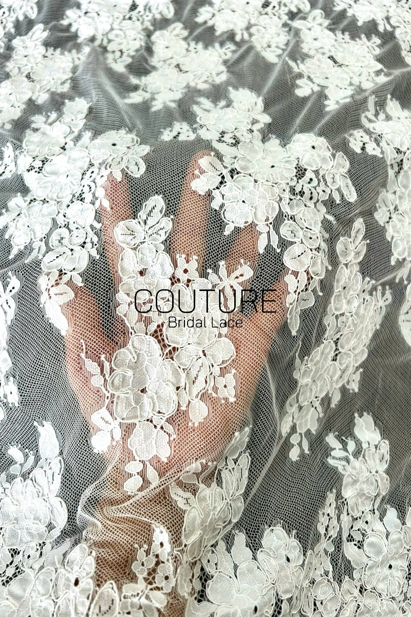 Corded Chantilly French Lace: White Diagonal Floral Sprays with Scrolling Vine Scalloped Border, 3 Meters