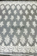 Corded Chantilly French Lace: Ivory Floral Bouquet Clusters on Point d'Esprit Tulle with Scrolling Arch Border, 1 Meter