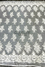 Corded Chantilly French Lace: Ivory Floral Bouquet Clusters on Point d'Esprit Tulle with Scrolling Arch Border, 1 Meter