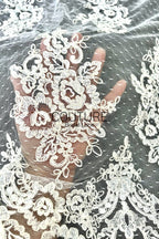 Corded Chantilly French Lace: Ivory Floral Bouquet Clusters on Point d'Esprit Tulle with Scrolling Arch Border, 1 Meter