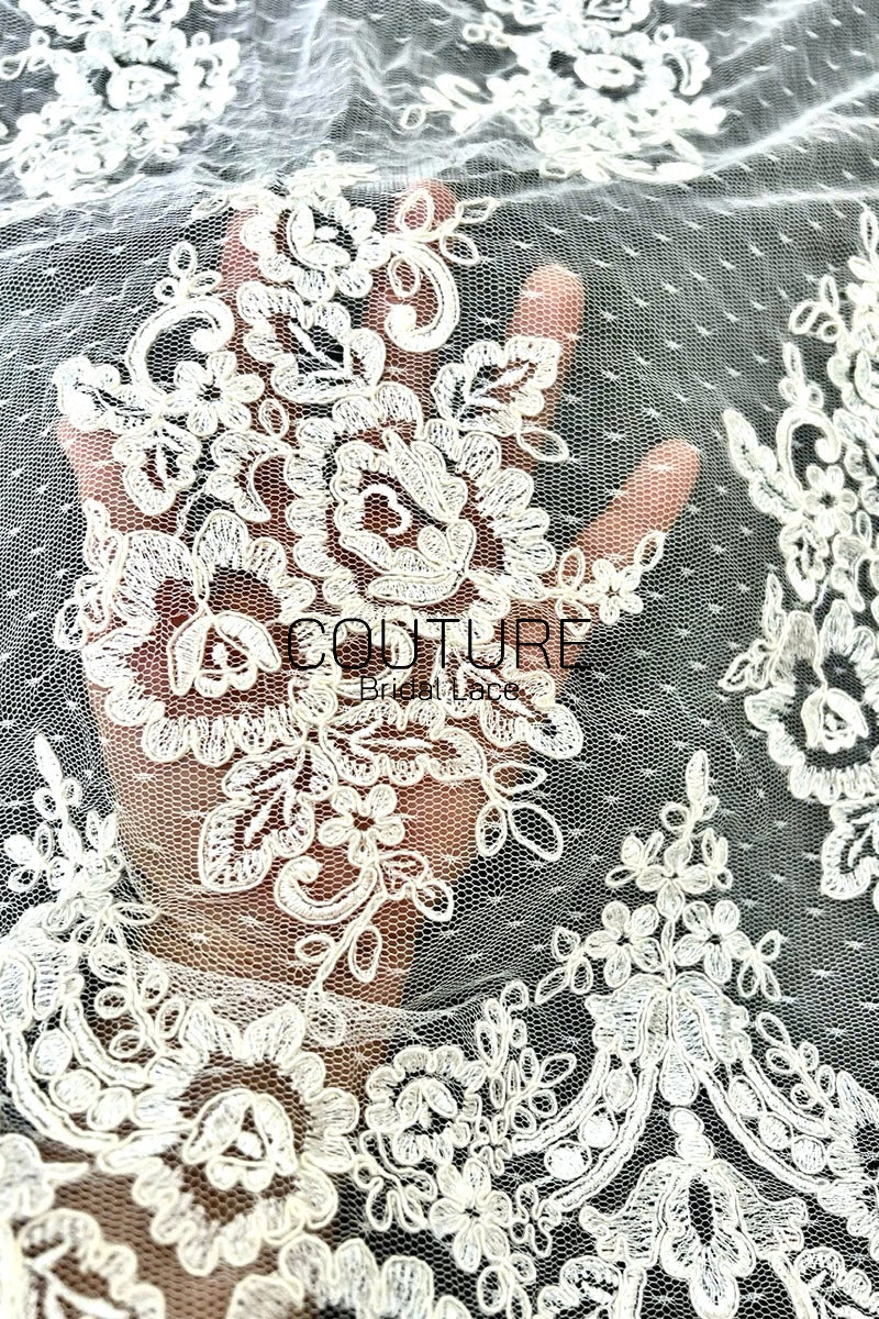 Corded Chantilly French Lace: Ivory Floral Bouquet Clusters on Point d'Esprit Tulle with Scrolling Arch Border, 1 Meter