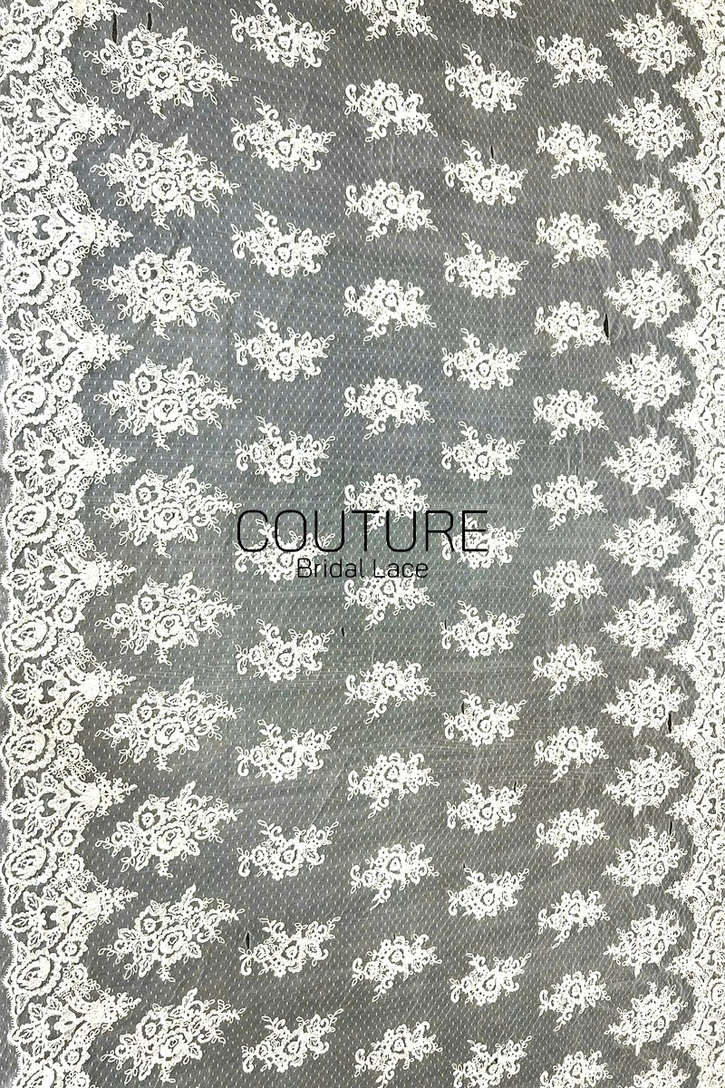 Corded Chantilly French Lace: Ivory Floral Bouquet Clusters on Point d'Esprit Tulle with Scrolling Arch Border, 1 Meter