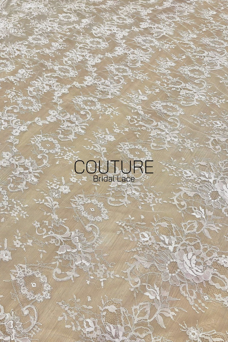 French Corded Lace: White Allover Floral Wreaths and Bouquet Clusters with Ribbon Detail, 3 Meters
