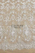 French Corded Lace: White Allover Floral Wreaths and Bouquet Clusters with Ribbon Detail, 3 Meters