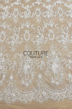 French Corded Lace: White Allover Floral Wreaths and Bouquet Clusters with Ribbon Detail, 3 Meters
