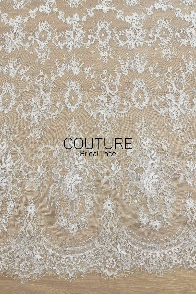 French Corded Lace: White Allover Floral Wreaths and Bouquet Clusters with Ribbon Detail, 3 Meters