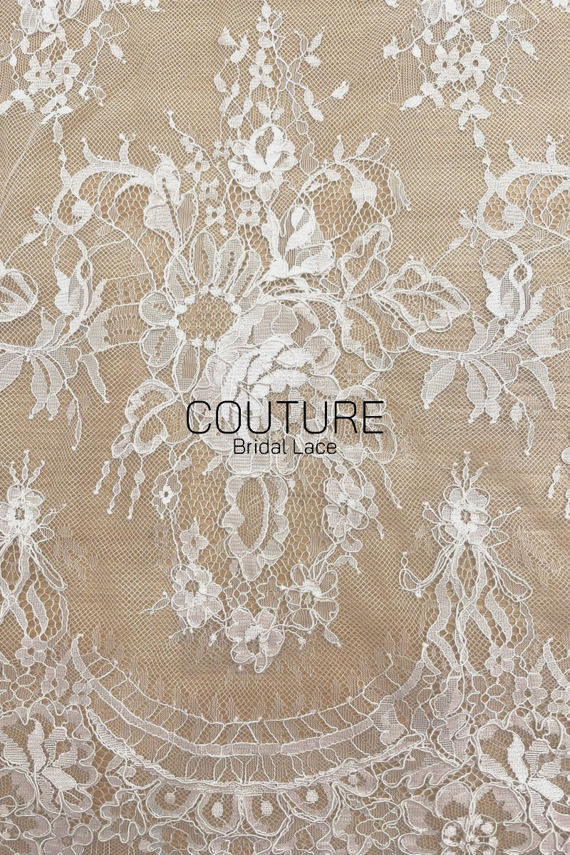 French Corded Lace: White Allover Floral Wreaths and Bouquet Clusters with Ribbon Detail, 3 Meters