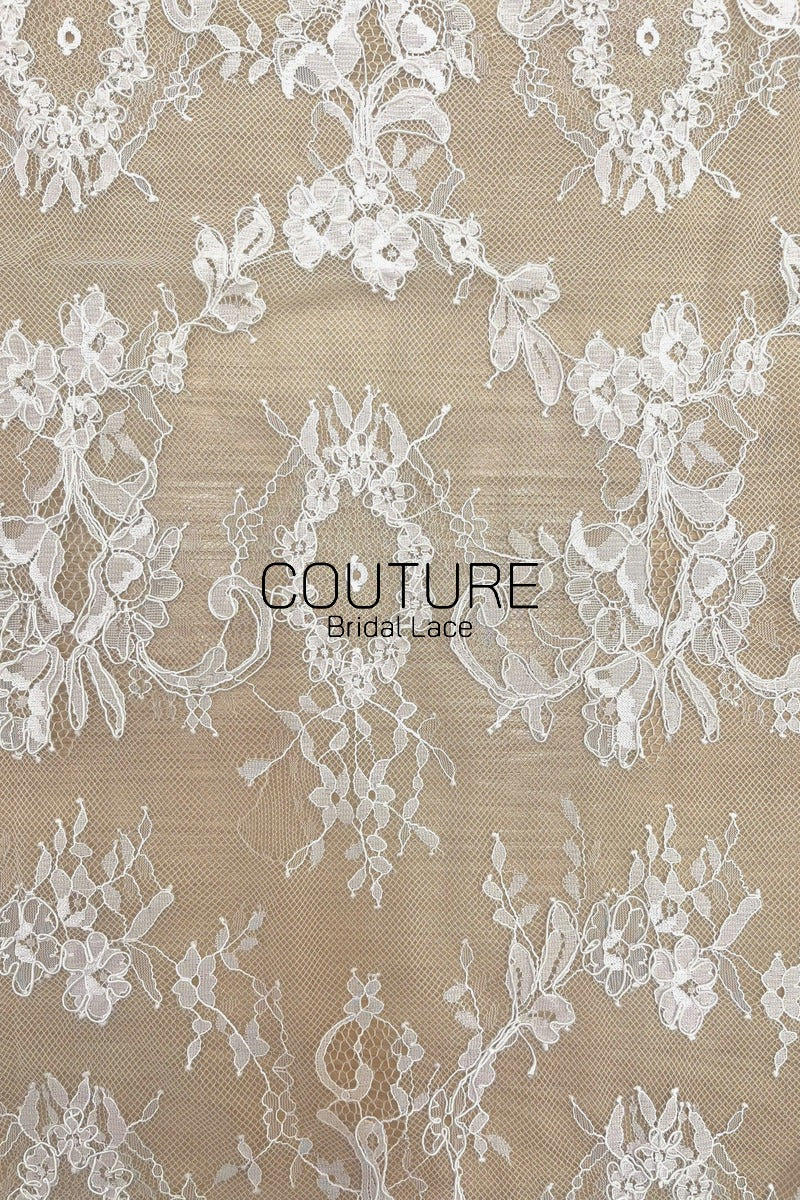 French Corded Lace: White Allover Floral Wreaths and Bouquet Clusters with Ribbon Detail, 3 Meters