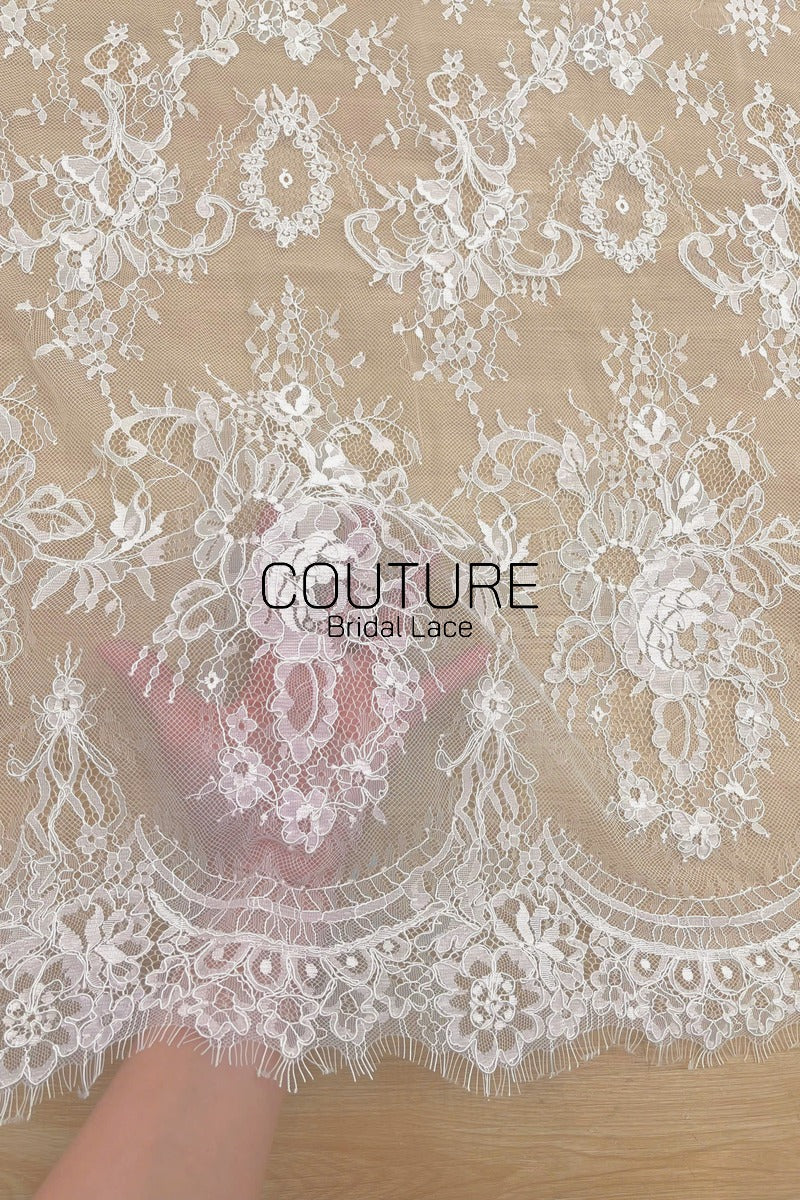 French Corded Lace: White Allover Floral Wreaths and Bouquet Clusters with Ribbon Detail, 3 Meters