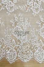 French Corded Chantilly Lace: White Scattered Large Rose Clusters with Eyelash Scalloped Border, 3 Meters