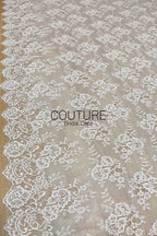 French Corded Chantilly Lace: White Scattered Large Rose Clusters with Eyelash Scalloped Border, 3 Meters