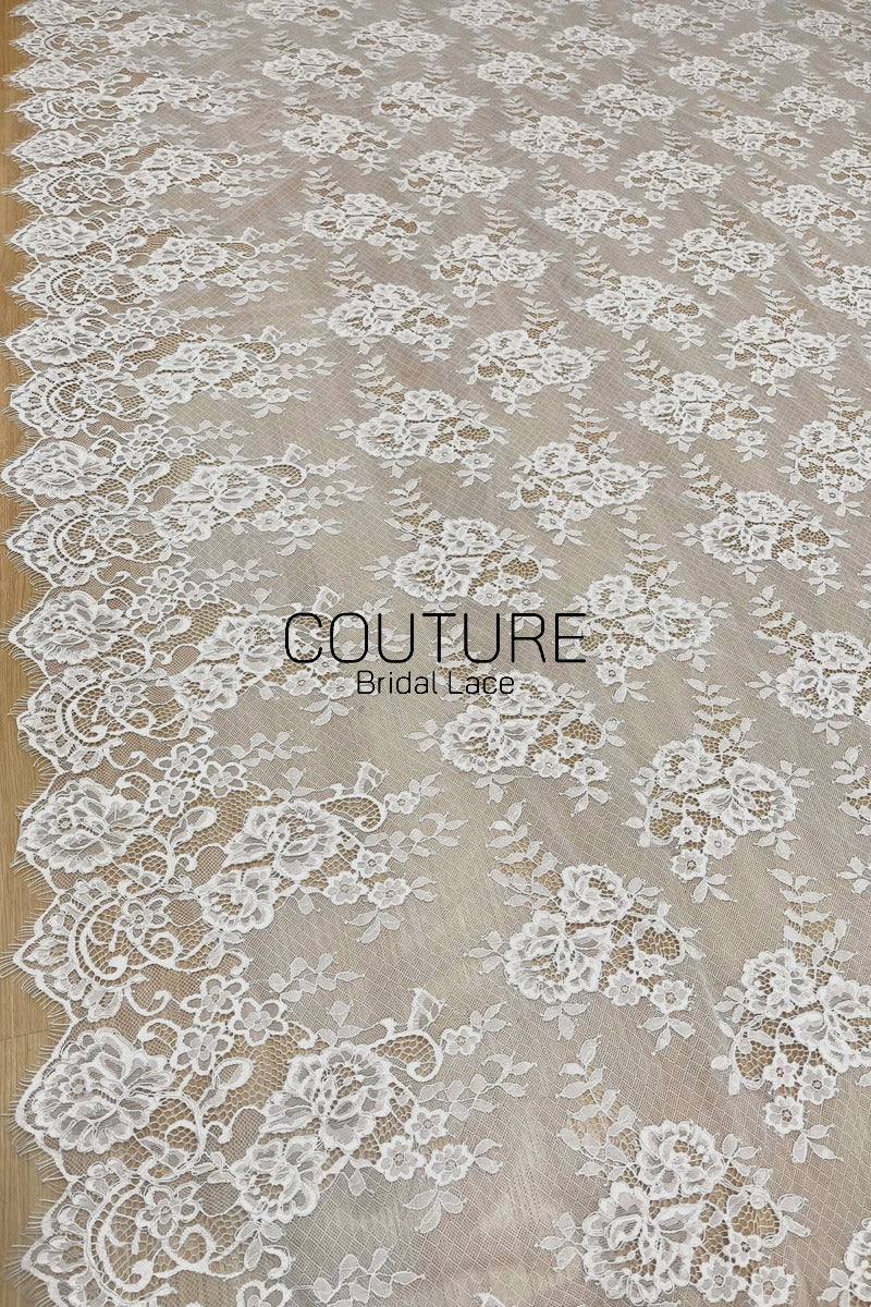 French Corded Chantilly Lace: White Scattered Large Rose Clusters with Eyelash Scalloped Border, 3 Meters