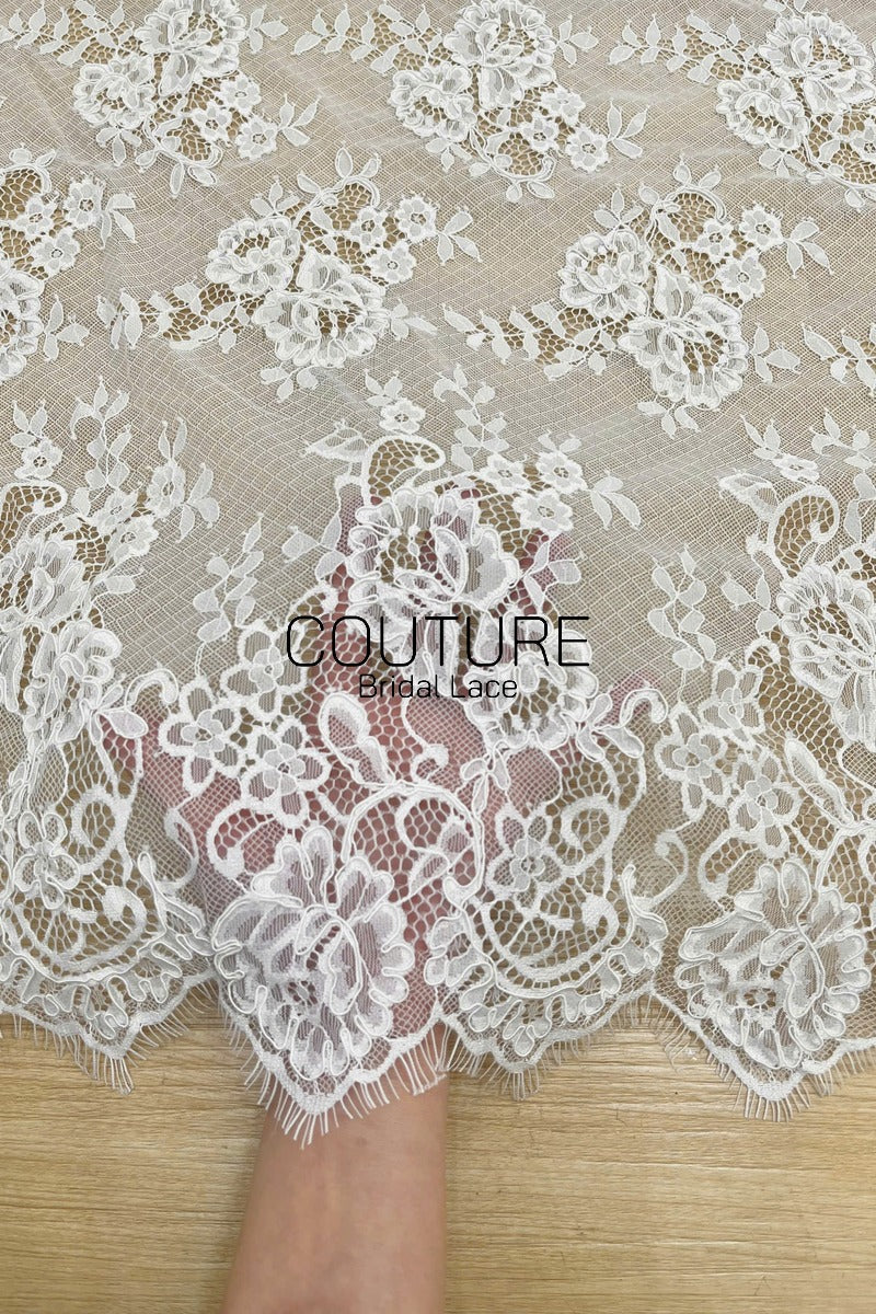 French Corded Chantilly Lace: White Scattered Large Rose Clusters with Eyelash Scalloped Border, 3 Meters