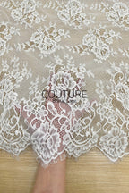French Corded Chantilly Lace: White Scattered Large Rose Clusters with Eyelash Scalloped Border, 3 Meters