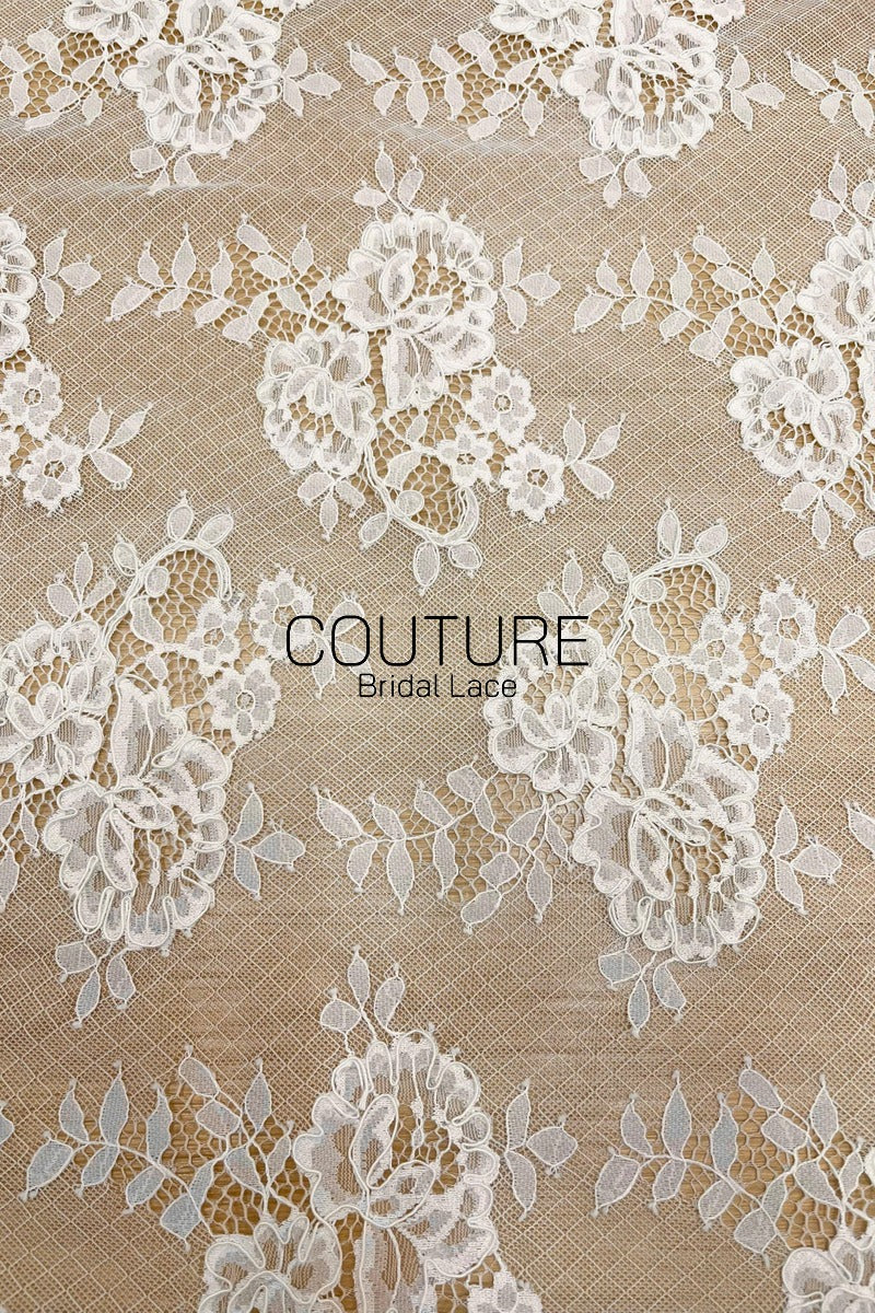 French Corded Chantilly Lace: White Scattered Large Rose Clusters with Eyelash Scalloped Border, 3 Meters