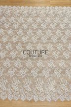 French Corded Chantilly Lace: White Scattered Large Rose Clusters with Eyelash Scalloped Border, 3 Meters