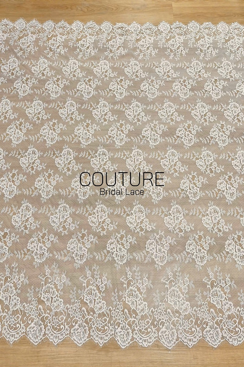 French Corded Chantilly Lace: White Scattered Large Rose Clusters with Eyelash Scalloped Border, 3 Meters