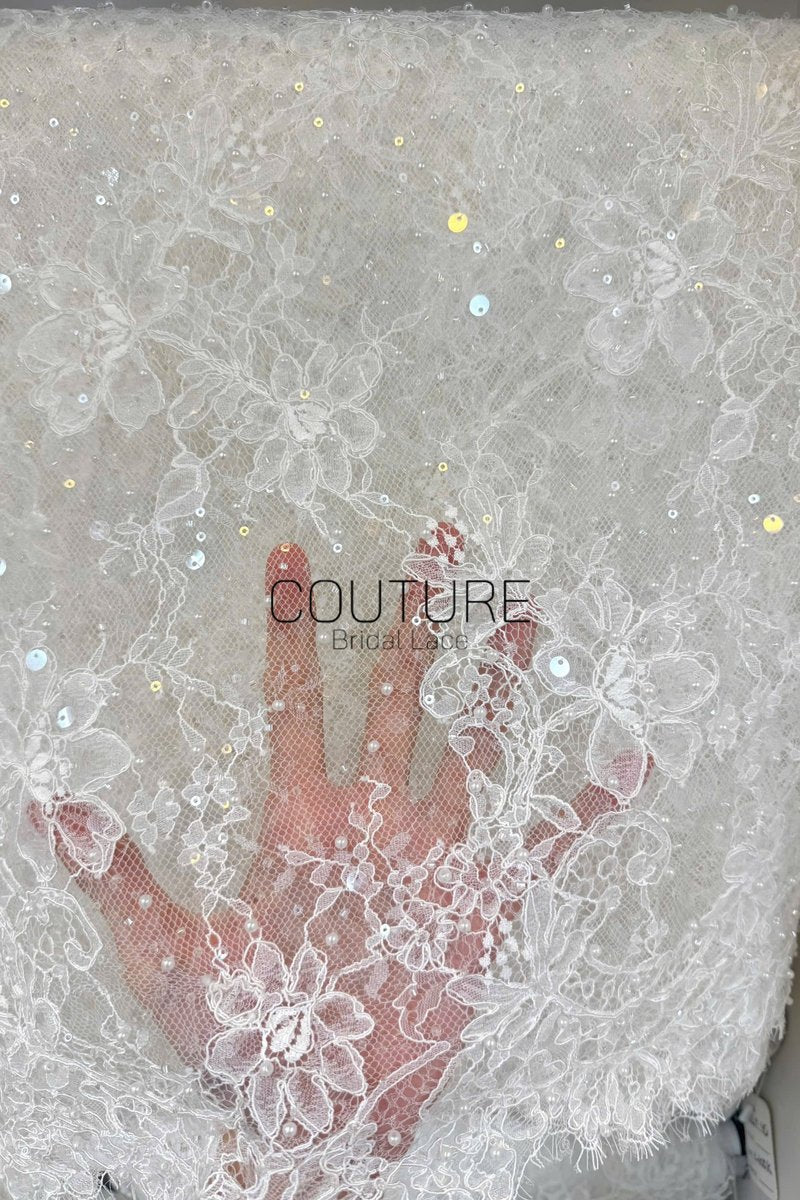 Beaded Chantilly Lace: Ivory Delicate Floral Vine Motifs with Scattered Eyelash Fringe Scalloped Edge, 3 Meters