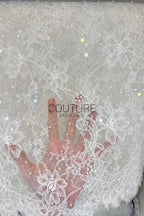 Beaded Chantilly Lace: Ivory Delicate Floral Vine Motifs with Scattered Eyelash Fringe Scalloped Edge, 3 Meters