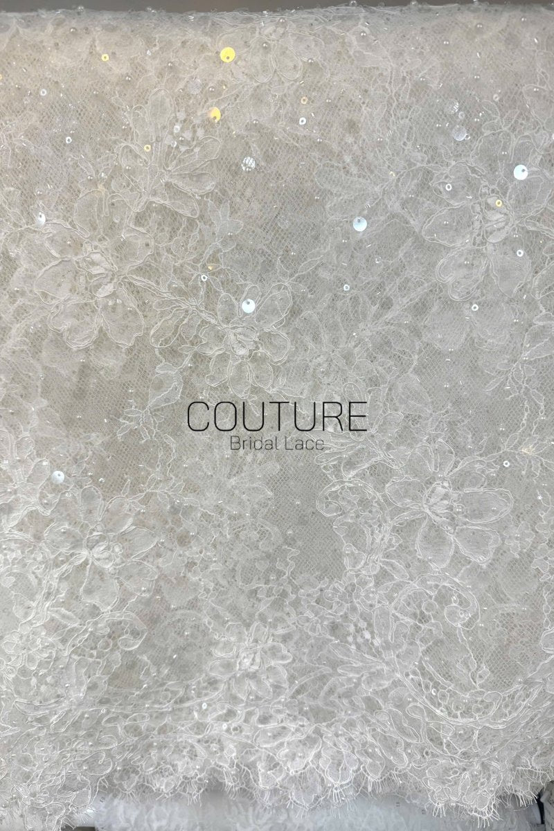 Beaded Chantilly Lace: Ivory Delicate Floral Vine Motifs with Scattered Eyelash Fringe Scalloped Edge, 3 Meters