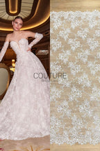 Beaded Chantilly Lace: Ivory Delicate Floral Vine Motifs with Scattered Eyelash Fringe Scalloped Edge, 3 Meters