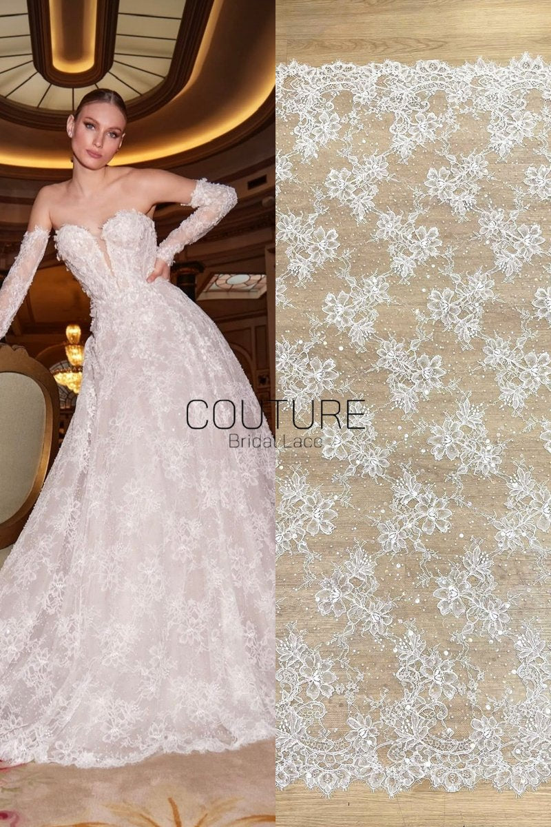 Beaded Chantilly Lace: Ivory Delicate Floral Vine Motifs with Scattered Eyelash Fringe Scalloped Edge, 3 Meters