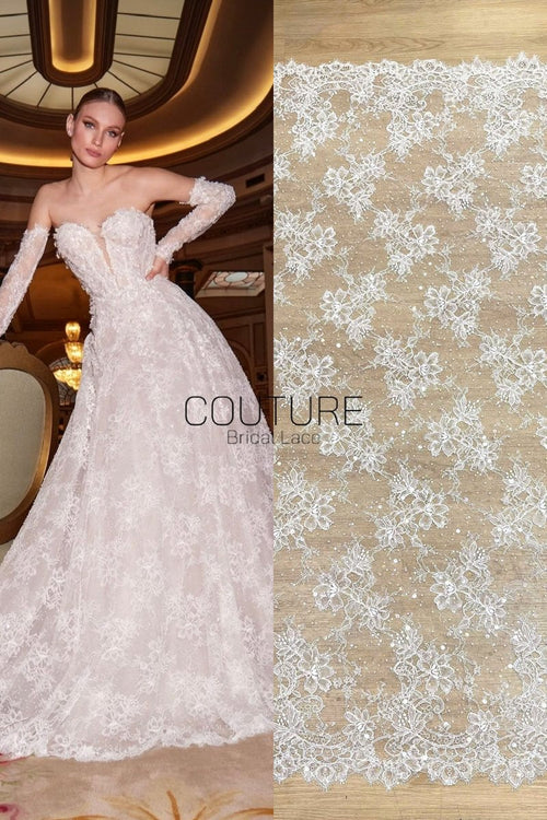 Beaded Chantilly Lace: Ivory Delicate Floral Vine Motifs with Scattered Eyelash Fringe Scalloped Edge, 3 Meters