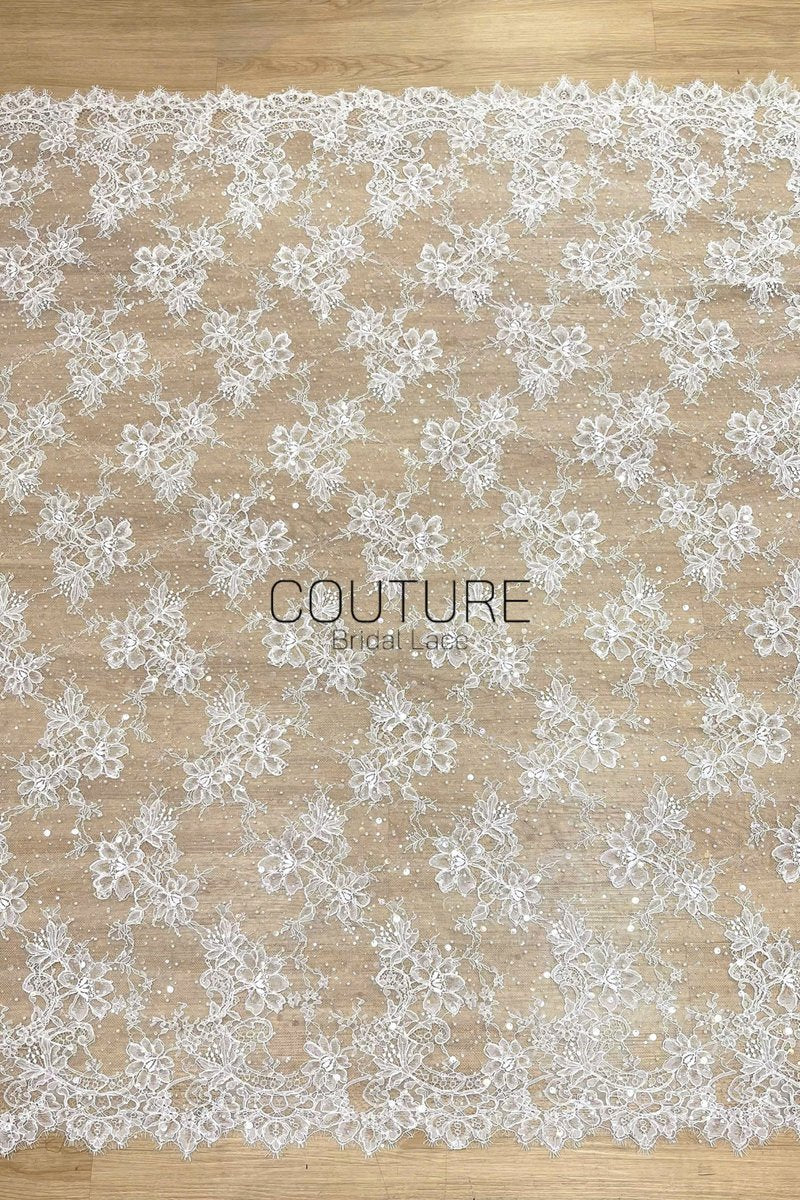 Beaded Chantilly Lace: Ivory Delicate Floral Vine Motifs with Scattered Eyelash Fringe Scalloped Edge, 3 Meters