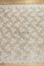 Beaded Chantilly Lace: Ivory Delicate Floral Vine Motifs with Scattered Eyelash Fringe Scalloped Edge, 3 Meters