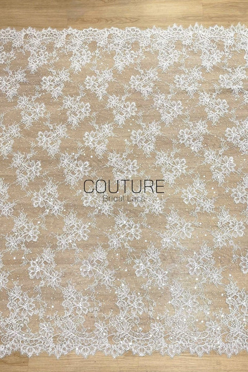 Beaded Chantilly Lace: Ivory Delicate Floral Vine Motifs with Scattered Eyelash Fringe Scalloped Edge, 3 Meters
