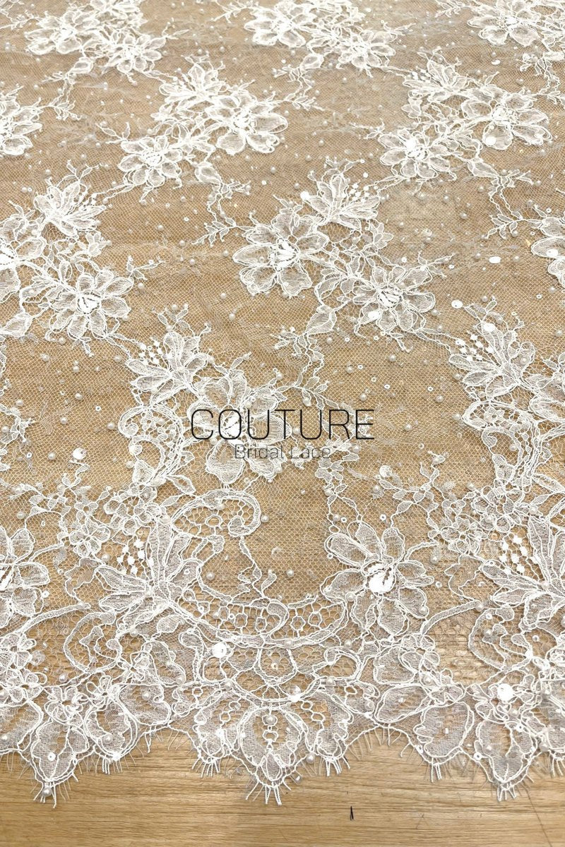 Beaded Chantilly Lace: Ivory Delicate Floral Vine Motifs with Scattered Eyelash Fringe Scalloped Edge, 3 Meters