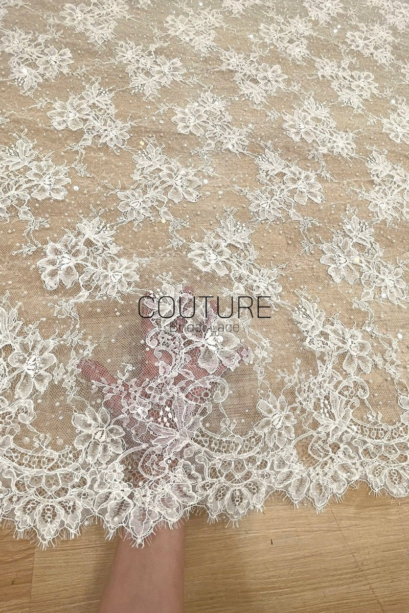 Beaded Chantilly Lace: Ivory Delicate Floral Vine Motifs with Scattered Eyelash Fringe Scalloped Edge, 3 Meters