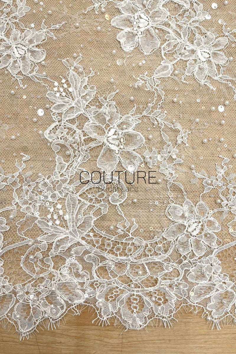Beaded Chantilly Lace: Ivory Delicate Floral Vine Motifs with Scattered Eyelash Fringe Scalloped Edge, 3 Meters