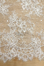 Beaded Chantilly Lace: Ivory Delicate Floral Vine Motifs with Scattered Eyelash Fringe Scalloped Edge, 3 Meters