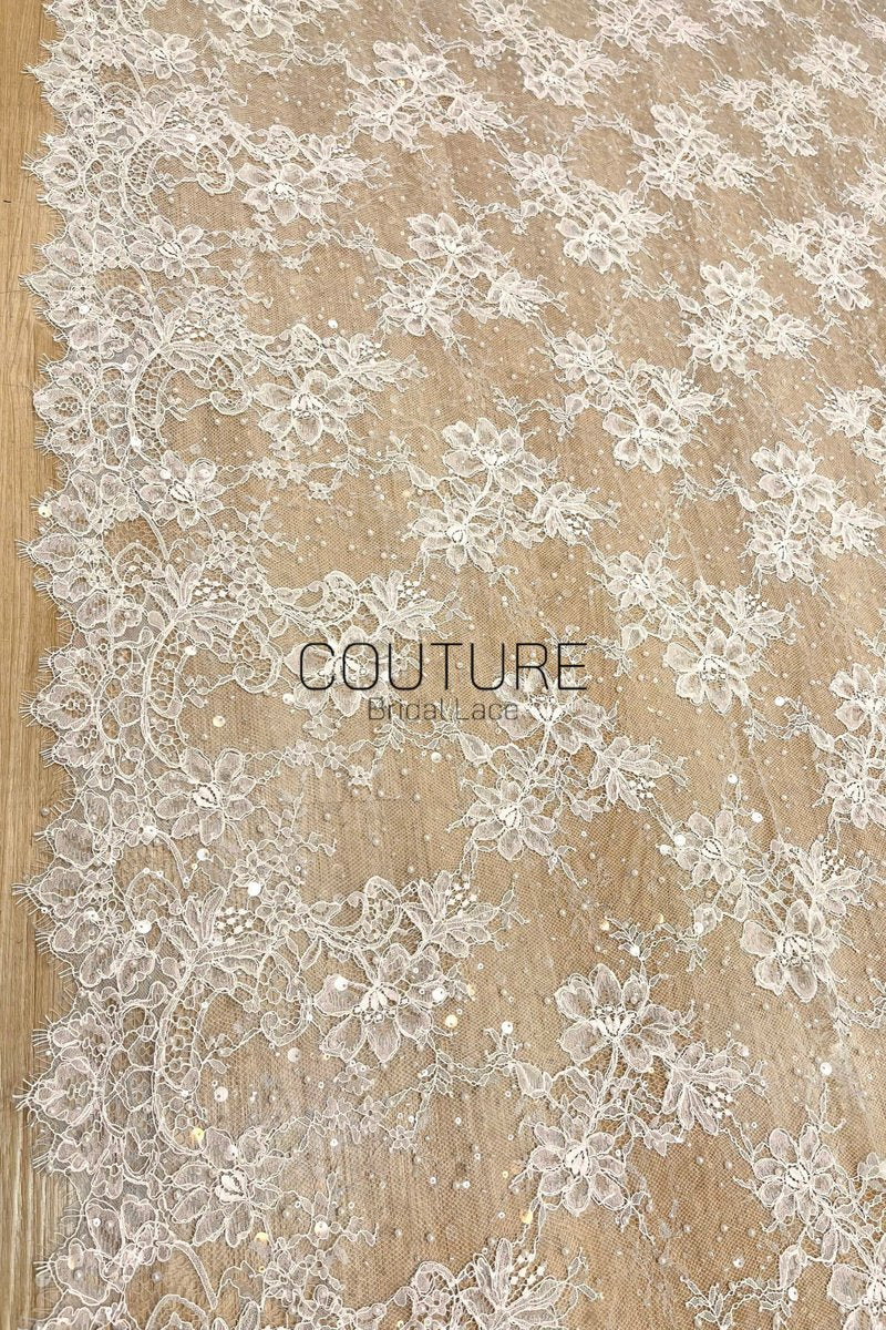 Beaded Chantilly Lace: Ivory Delicate Floral Vine Motifs with Scattered Eyelash Fringe Scalloped Edge, 3 Meters