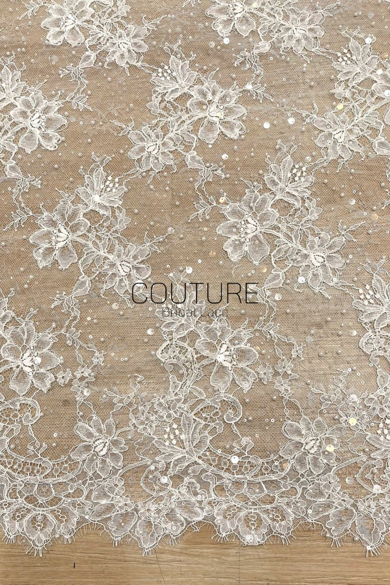Beaded Chantilly Lace: Ivory Delicate Floral Vine Motifs with Scattered Eyelash Fringe Scalloped Edge, 3 Meters