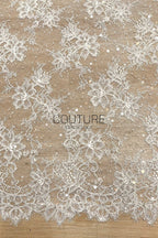 Beaded Chantilly Lace: Ivory Delicate Floral Vine Motifs with Scattered Eyelash Fringe Scalloped Edge, 3 Meters