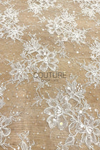 Beaded Chantilly Lace: Ivory Delicate Floral Vine Motifs with Scattered Eyelash Fringe Scalloped Edge, 3 Meters