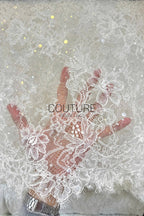 Beaded Chantilly Lace: Ivory Delicate Floral Vine Motifs with Scattered Eyelash Fringe Scalloped Edge, 3 Meters