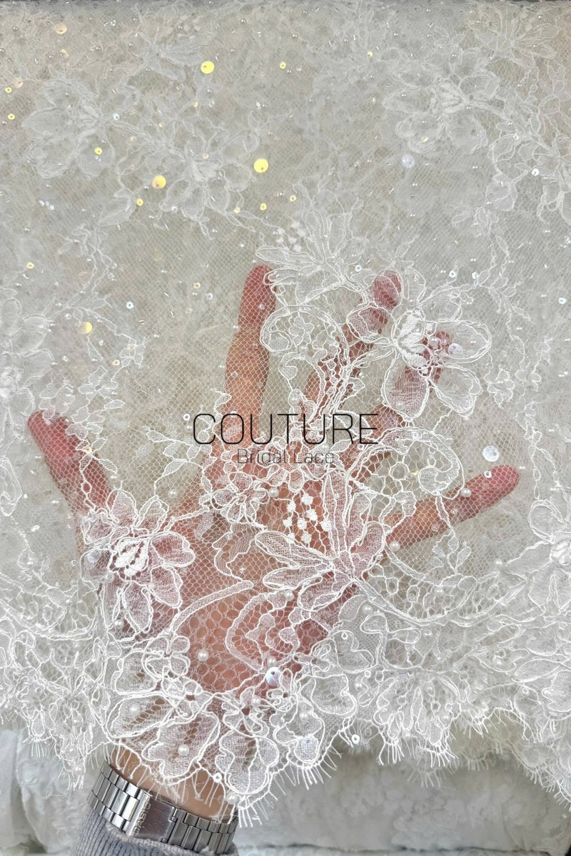 Beaded Chantilly Lace: Ivory Delicate Floral Vine Motifs with Scattered Eyelash Fringe Scalloped Edge, 3 Meters