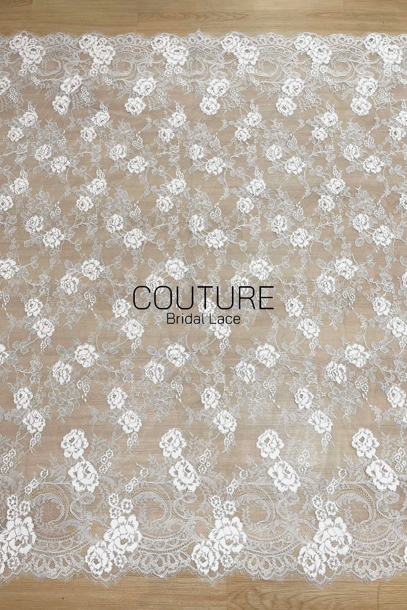 Corded Chantilly French Lace: White Allover Rose Vine Clusters with Scrolling Cartouche Scalloped Border, 3 Meters
