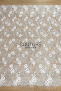 Corded Chantilly French Lace: White Allover Rose Vine Clusters with Scrolling Cartouche Scalloped Border, 3 Meters