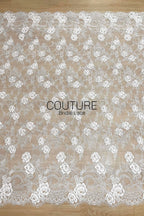 Corded Chantilly French Lace: White Allover Rose Vine Clusters with Scrolling Cartouche Scalloped Border, 3 Meters